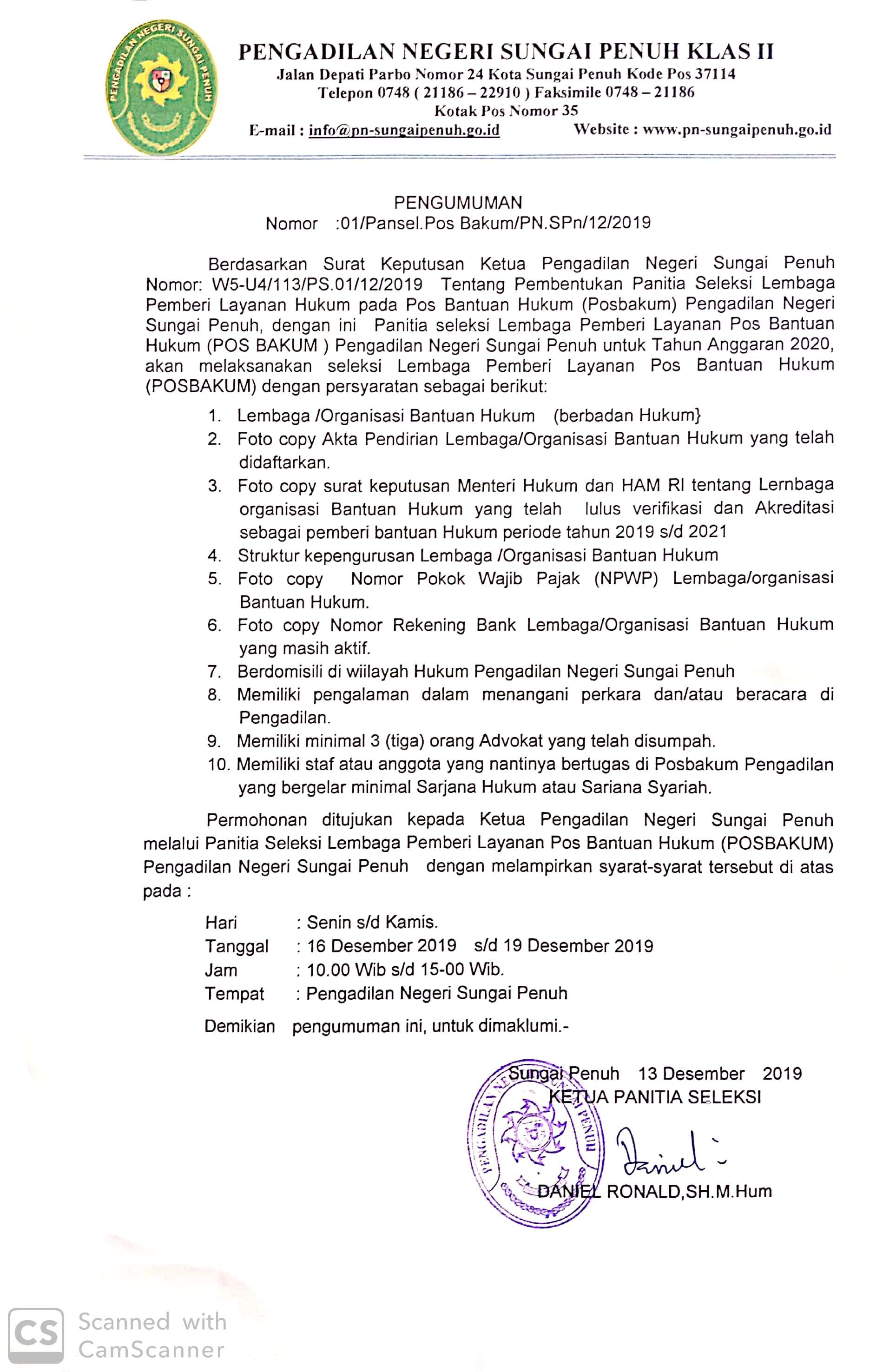 Penerimaan Lembaga Pemberi Layanan Pos Bantuan Hukum (POSBAKUM) Pengadilan Negeri Sungai Penuh